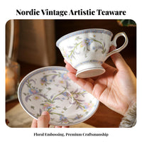 Embossed Flower Teacup Elegant Design Vintage Floral Teacup Set Ceramic Coffee Mug and Dish Fine China Gold Rimmed Tea Mug