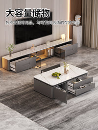 TV Cabinet and Coffee Table Set with Marble-Look Top, Modern Light Luxury Style