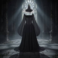 Halloween Witch Costume with Hat Black Witch Costume Corset-Style Gothic Dress transparentSleeved for Women, Cosplay