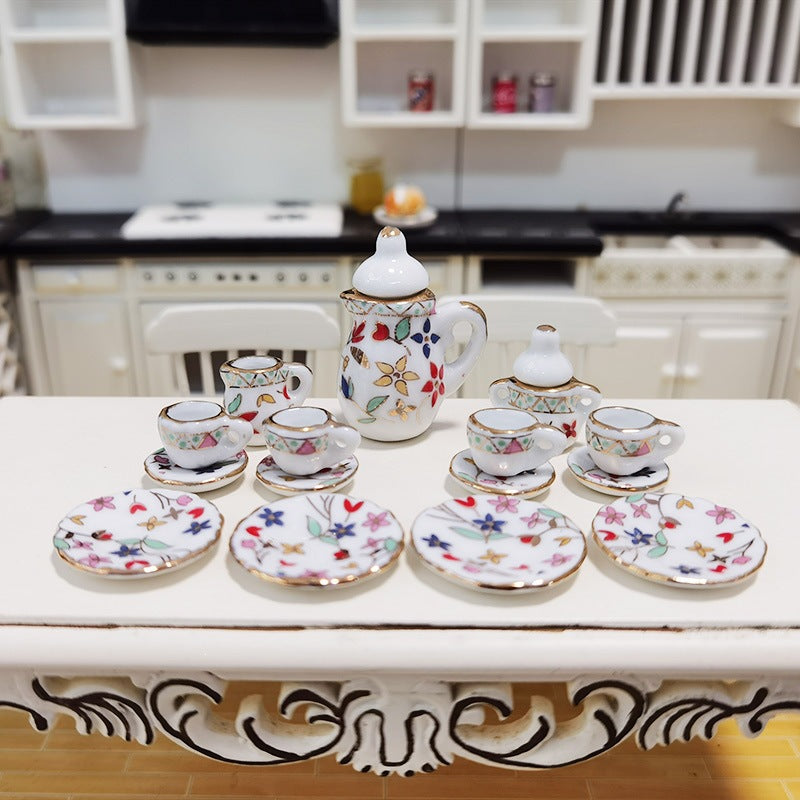 15-Piece Mini Ceramic Tea Set for 1:12 Dollhouse