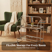 Folding Fluted Glass Trolley Easy Mobility 2-Tier Rolling Cart Multi-Purpose