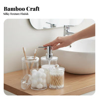 4 Pieces Transparent Design 4-Piece Dispenser and Jar Set Modern design Vanity Container Set Functional Bathroom Accessories Decorative for Makeup Users, Homeowners, Washroom, Restroom, Powder Room, Bedroom