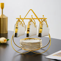 6 Sets Ceramic Coffee Cup Set Gift Idea Gold Rim Cup Set Space-Saving Rack