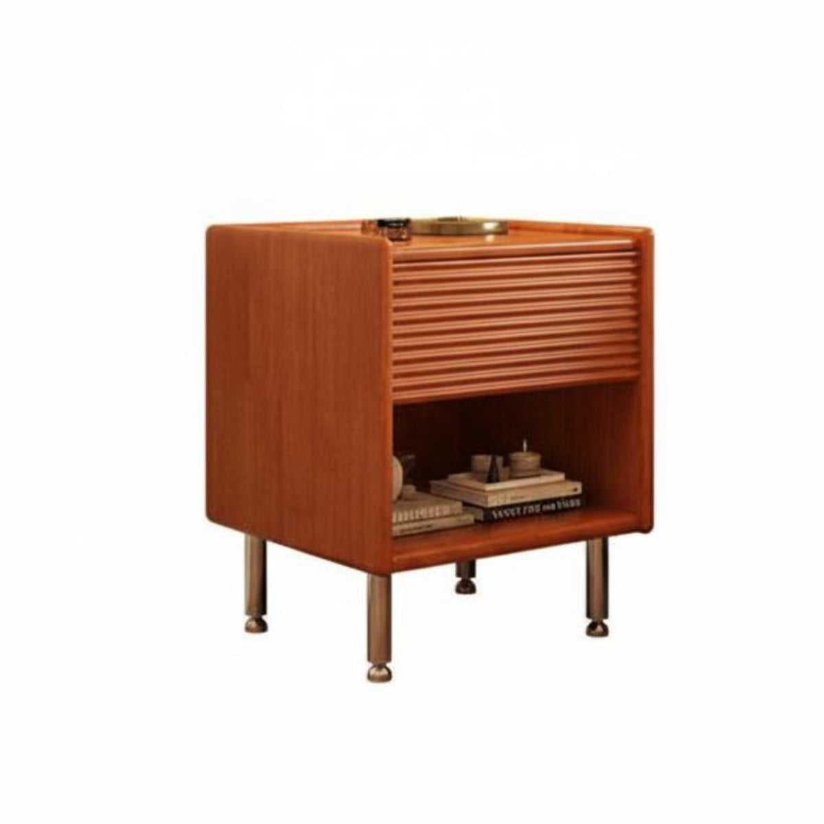 Modernist Inspired Bedside Cabinet with Storage Vintage aesthetic Retro End Table with Open Shelf Space-Saving Nightstand Minimalist Look for Renters, Homeowners, Students, Small Spaces, Apartment, Guest Room, Sofa Side