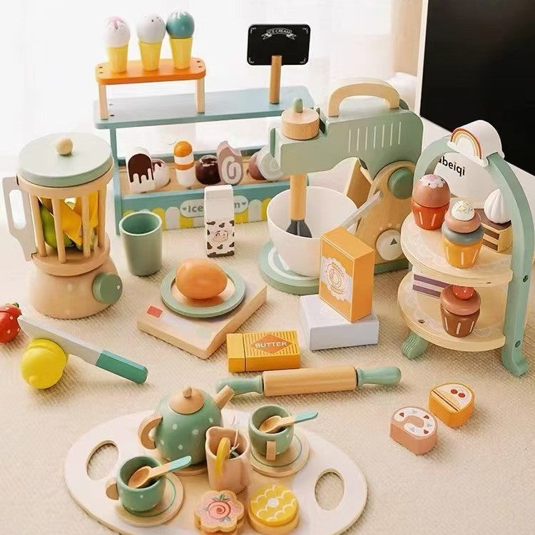 Wooden Pretend Play Tea and Ice Cream Shop Set