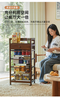 移动零食分层实木置物架厨房可抽拉落地收纳架玩具置物多层小推车