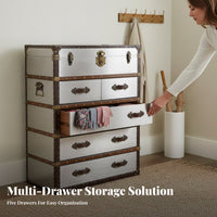 Retro Design 5-Drawer Trunk design Chest Distressed Finish 5-Drawer upright Cabinet Rivet features Storage Furniture Handmade Craftsmanship for Homeowners, Interior Decorators, Office Workers, Living Room, Entryway, Hallway, Bedroom