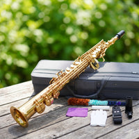 Brass-Lacquered Straight Soprano Saxophone Polished Soprano Saxophone Ergonomic Woodwind Instrument Sturdy for Beginners