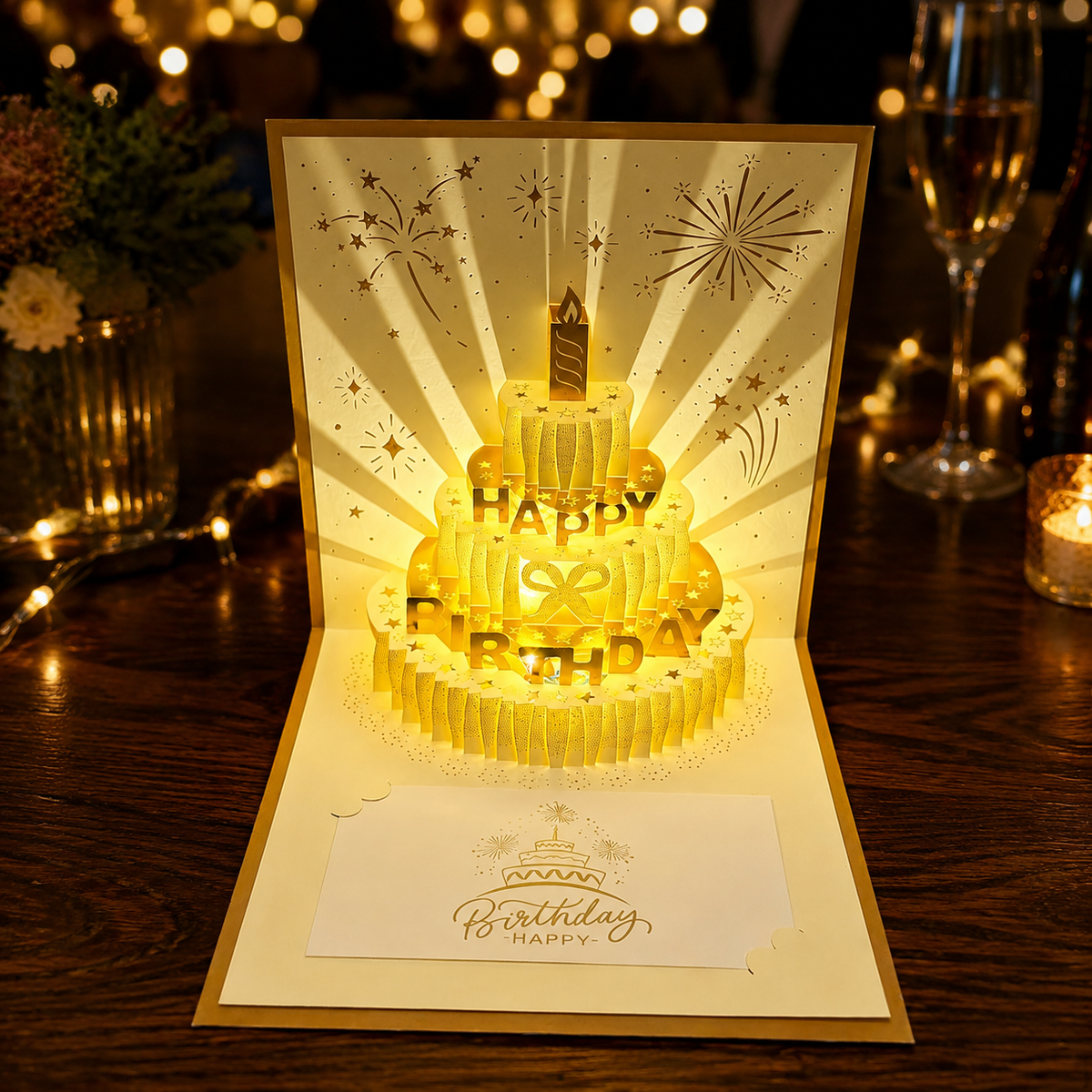 3D Pop-Up Birthday Cake Greeting Card with Gold Foil and Envelope