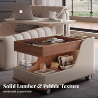 Mobile Sofa Table with Storage Lift Adjustable Surface Side Table Snack Cart C-shaped Base Sintered Stone Top Solid Wood Frame with Wheels Suitable for Adults Bedroom Living Room Home Office Compact Spaces