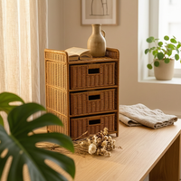 Woven Rattan Storage Cabinet Textured Rattan Nightstand Rounded Edges