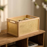 Wooden Storage Basket Lightweight Basket with Handles Space-Saving Rectangular Storage Box for Closet, Shelves, Bedroom