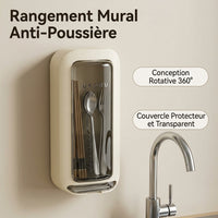 Wall-mounted cutlery drying rack, rotating kitchen utensil storage drainer, with dust cover