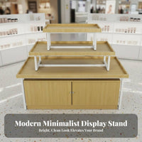 3-Tier Promotional Display Table Versatile Retail Island Display Shelf Versatile Steel and Wood Supermarket Rack for Retailers, Convenience Stores