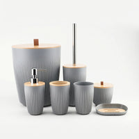 7 Pieces Bathroom Organizer Set Featuring Lidded Canister Dispenser Bottle Toothbrush Cup Countertop Organizer Durable Fluted Plastic and Bamboo-look Tops Suitable for Family Hotel Guest Room