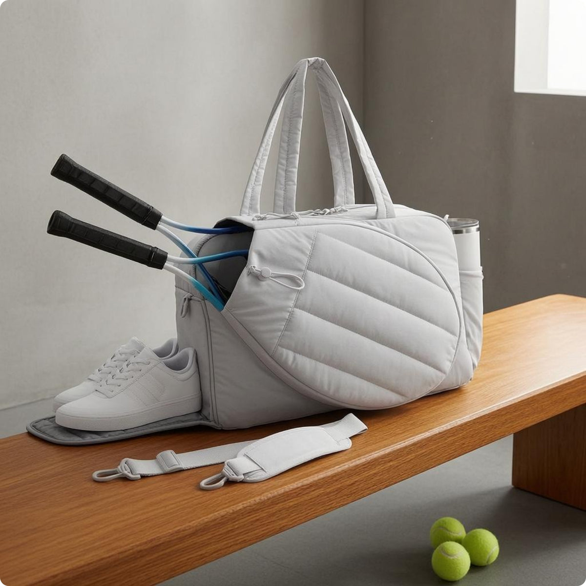 Padded Quilted Sports Bag Zippered Compartments Racket Bag Side Pocket for Tennis, Badminton, Pickleball