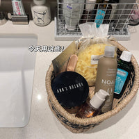 藤编收纳筐桌面化妆品收纳盒洗漱洗手台储物筐编织玄关杂物收纳篮 手工编织收纳篮【26*19*10cm】（绿红）