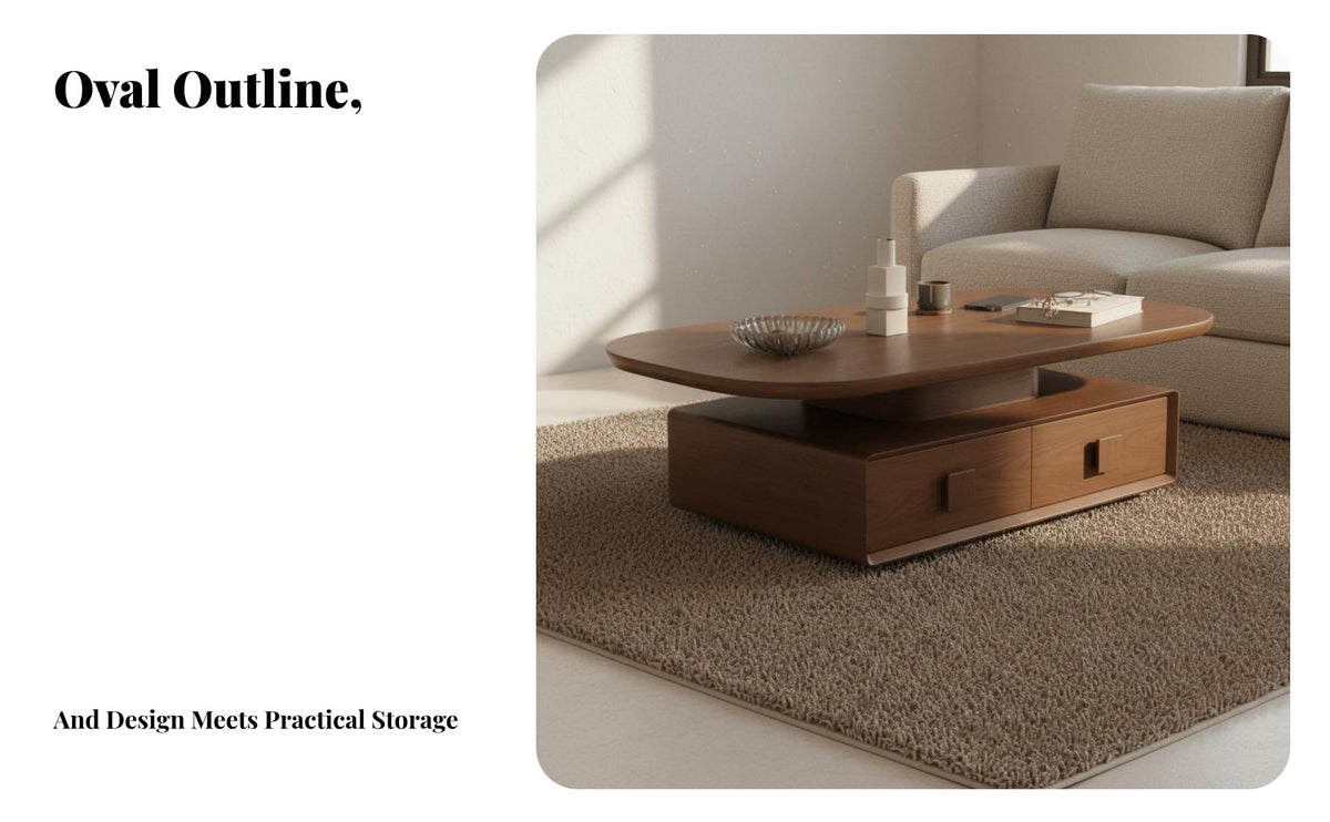 Minimalist Aesthetic Oval Coffee Stand with Drawers Spacious Tabletop Living Room Furniture Vintage-Inspired-Century Modern Design Central Table Two-Tier Design for Homeowners, Families, Renters, Lounge Area, Home