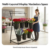 Multi-Layer Design Tiered Flower Container Stand Foldable 3-Tier Floral Arrangement Cart Ladder Structure Display Furniture Includes 12 Containers for Event Planners, Gardeners, Homeowners, Garden Center, Market Stall, Wedding Venue, Balcony