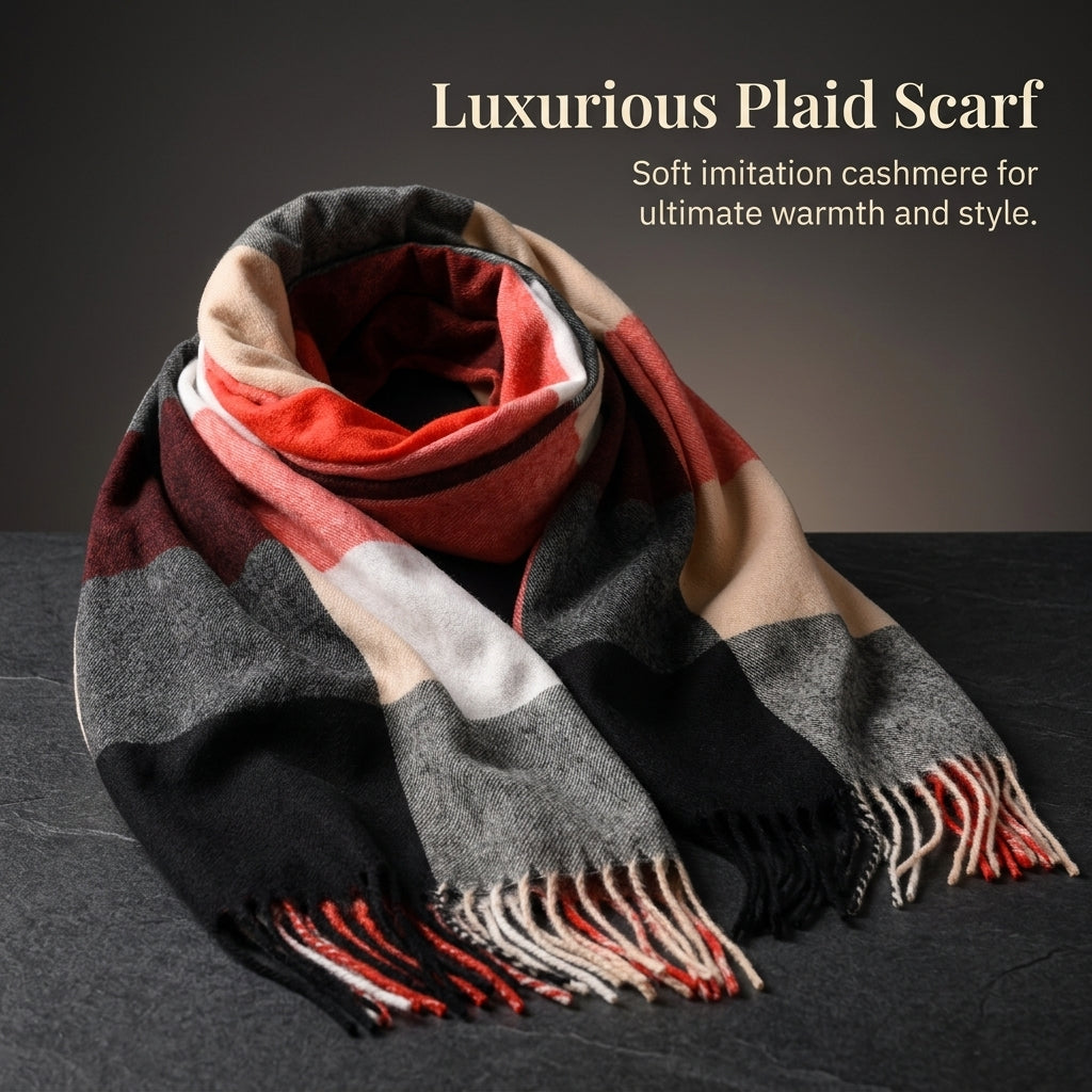 Women Plaid Tassel Fringe Shawl, Extra Long Fashion Accessory for Outdoor Warmth, Cold Weather Travel Wrap with Checkered Pattern