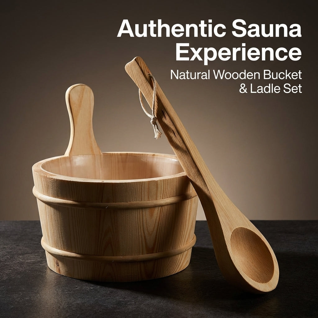 Home Sauna Wooden Bucket and Ladle Set with Four Liter Capacity, Insert Liner for Steam Room, Wood Accessories for
