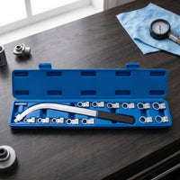 15 Pieces Automotive Pulley Adjustment Tool Kit Curved Auxiliary Belt Tensioner Pulley Removal Tool Kit 12-Point Tensioner Wrench Set with Case E-Shaped for Mechanics, DIYers, Garage