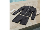 Black Zip-Front Swim Set Split Design Long Sleeve Rash Guard Swimsuit Athletic Cut Swim Shorts Set Minimal for Women, Swimming, Snorkeling, Surfing