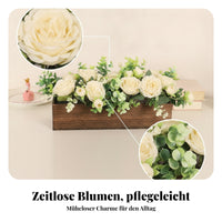 Wood Planter Flower Display Cream Faux Floral Arrangement Eucalyptus Foliage