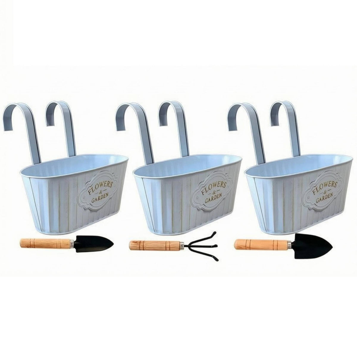 3 Pieces Rustic Metal Planter Hooked Handles Garden Decor for Railing, Support