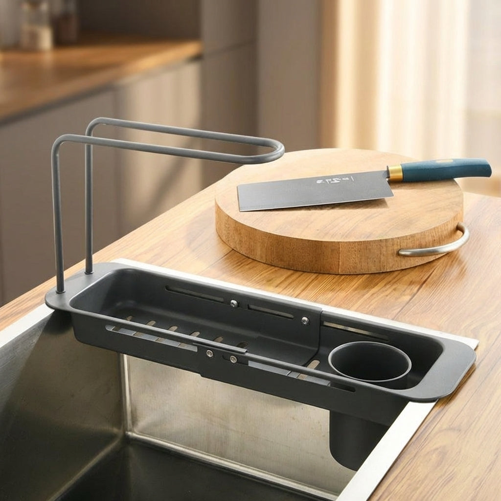 Telescopic Drain Basket Kitchen Sink Drainer, Stainless Steel Rectangular Over the Sink Rack, Slotted Kitchen Organiser for Counter Space Saving