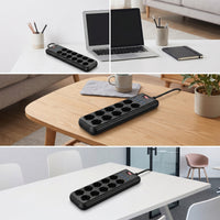 10-Way Desktop Power Strip with USB Overload Protection Power Strip with USB Ports Compact Multi-Plug Outlet with Switch Space-Saving for Office, Dorm Room