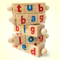 Wooden Reading Blocks Spelling Game with Cards, Montessori Rotating Letters Learning Toy for Preschool Boys and Girls