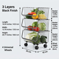 Stainless Steel Kitchen Storage Trolley on Wheels for Vegetables and Fruits, Rolling Bathroom Cart with Removable Baskets