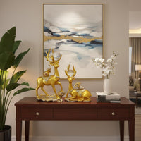 2 Pieces Golden Couple Deer Statues Pair Standing and Sitting Deer Figurines Light Luxury Desktop Sculptures for Entryway, Bookshelf