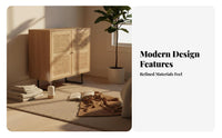 Japanese aesthetic Low Cabinet with Woven Doors Nordic Aesthetic Sideboard Multi-Functional TV Stand Raised on Legs for Design aficionados, Homeowners, Renters, Living Room, Bedroom, Entryway