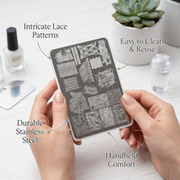Lace Pattern Nail Stamping Plate with Silicone for Beginners, Stainless Steel Printing Tool Kit for Manicure Decoration