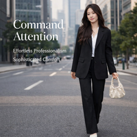 Women's Trouser Suits 2 Piece Elegant Set for Office and Interview, Long Sleeve Jacket with Elastic Waist Trousers for Work