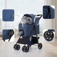 Collapsible Foldable Pet Stroller with Tray Mesh Pet Stroller with Storage Basket Breathable Carrier Compact for Travel