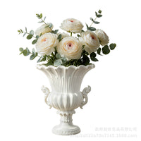 European Vintage Roman Column Vase White Relief Double Ear Tall Foot Resin Wedding Flower Arrangement Ornament