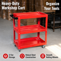3-Tier Rolling Tool Cart, Red Painted Steel Service Cart 70x35cm, Mechanic Workshop Trolley with Locking Wheels