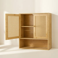 Bathroom Wall Cabinet Space-Saving Wooden Cabinet with Rattan Doors Decorative