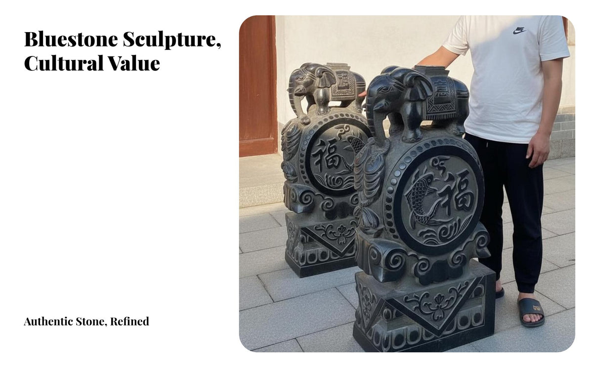 2 Pieces Chinese Drum Stone Sturdy Bluestone Antique Design Gatepost Auspicious Symbol Carved Stone Protector Statue for Garden Enthusiasts