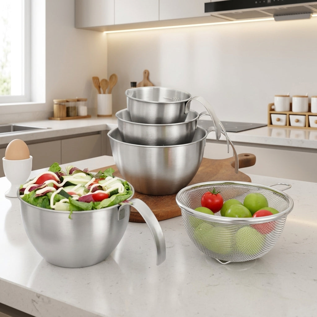 Stainless Steel Mixing Bowl with Handle, Versatile Salad Bowl for Meal Prep, Built-in Washing Bowl and Rice Washer with Measurement Markings