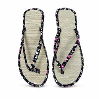 Floral Flip Flops Flat Sole Straw Footbed Sandals Slip-On