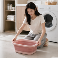 Folding Bucket Tub 2-Piece Set Rose Soft Type Hand Wash Laundry Soaking Wash Compact Storage