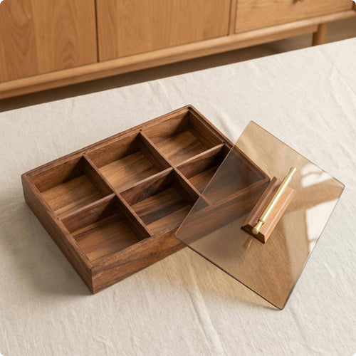 Walnut Lid Snack container Dustproof Divided Snack Tray Gift Choice Glass Lid Organizer for Coffee Table, Living Room