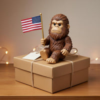 Funny Sasquatch Desk Buddy Cute Bigfoot Statue Holding Flag Patriotic Bigfoot Figurine Quirky for Collectors, Office, Workspace