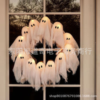 跨境TK热销Lit Ghosts Wreath万圣节点亮幽灵花环前门布置挂件