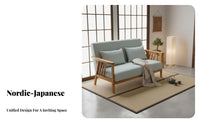 Paded Wood Frame Settee Japanese Design Upholstered Wood Frame Settee Space-Efficient Size Splayed Legs for Perusing Corner