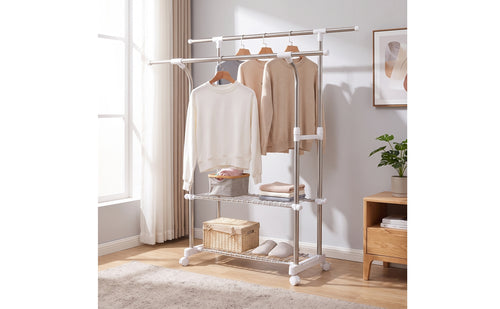 Adjustable Height Clothes Drying Rack with Wheels Extendable Rolling Clothes Rack with Shelves Freestanding Mobile for Balcony